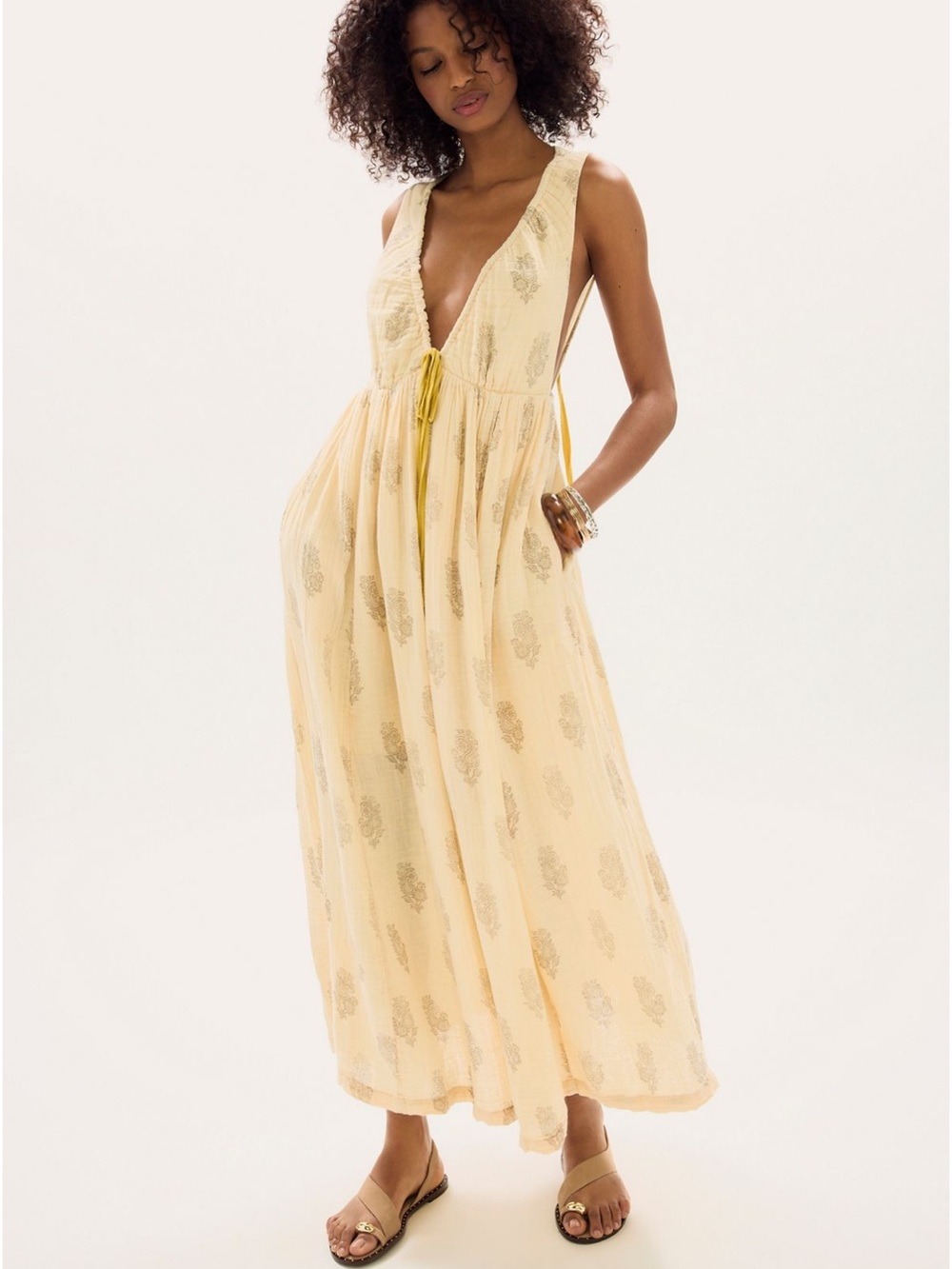 Free People Cream Maxi Dress with Gold Print
